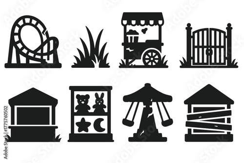 Abandoned Fairground Icons. Solid style icons of Abandoned Fairgrounds: cracked roller coaster, overgrown grass, weathered popcorn
