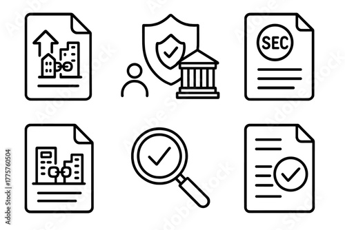 Mergers Icons Collection. Line style icons of mergers & acquisitions: antitrust review, competition authority icon, government