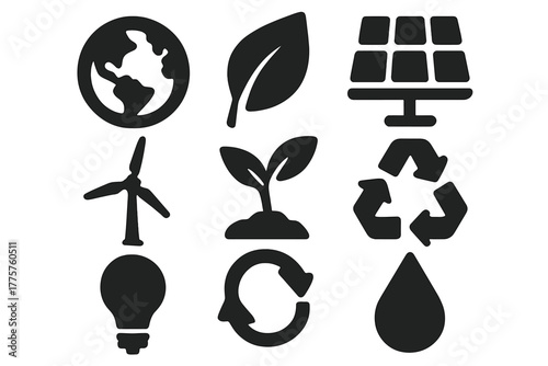 Climate Solution Icons. Solid style icons of climate solutions: earth globe, leaf, solar panel, wind turbine, sprout, recycling