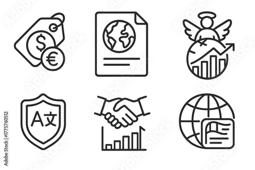International Angel Investing Icons. Line style icons of International Angel Investing: Currency exchange tag, international tax
