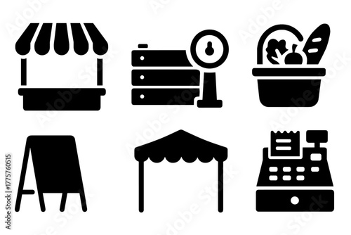 Farmer's Market Icons. Solid style icons of farmer’s market stall: striped tent, wooden crate, weighing scale, basket of goods,