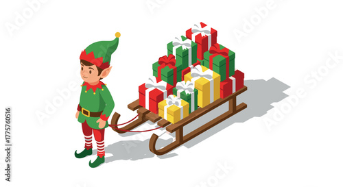 Festive christmas elf delivering gifts on sled in isometric style