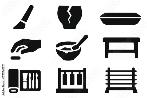 Artisan Restoration Icons. Solid style icons of Traditional Restoration: lacquer brush, gilded crack, sealing tray, artisan hand,