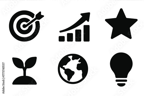 Icons of Achievement. Solid style icons of impact: target, arrow hitting center, bar chart, progress arrow, growth plant, star,
