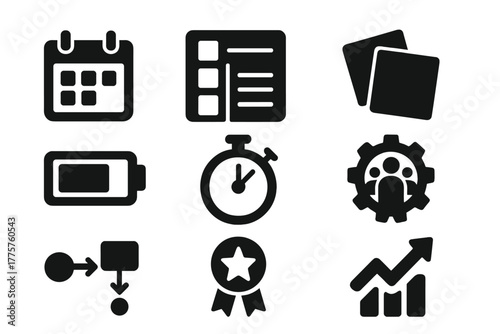Teamwork Productivity Icons. Solid style icons of Team Productivity: calendar, task board, sticky notes, progress bar, clock timer