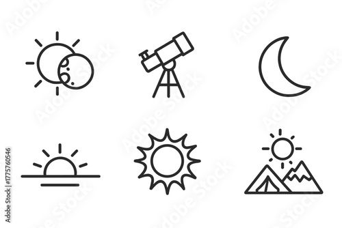 Solar Eclipse Icons. Line style icons of Solar Eclipse: Partial Shadow, Bailey’s Beads, Telescope Stand, Crescent Sun, Horizon