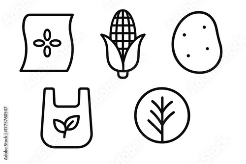 Biodegradable Plastics Icons. Line style icons of biodegradable plastics: starch-based plastic, corn kernel icon, potato starch