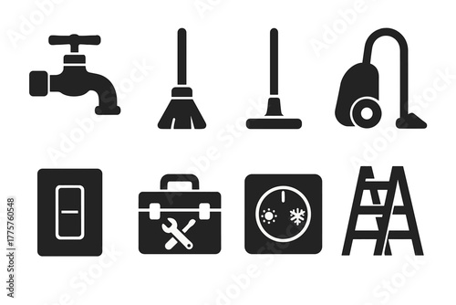 Household Maintenance Icons. Solid style icons of household maintenance: faucet, broom, mop, vacuum cleaner, light switch, toolbox