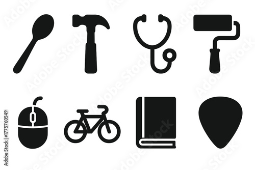 Community Skills Icons. Solid style icons of community skills: cooking spoon, hammer, stethoscope, paint roller, computer mouse,