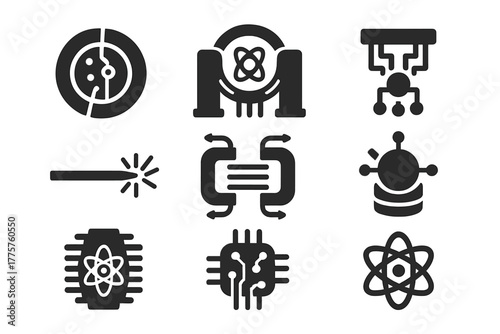 Experimental Technology Icons. Solid style icons of Experimental Technology: particle collider, fusion reactor, quantum computer,