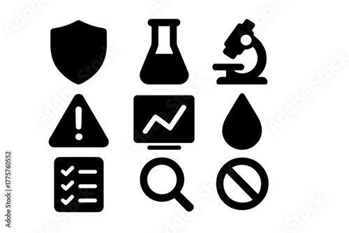 Safety Monitoring Icons. Solid style icons of safety monitoring: shield, test tube, microscope, hazard triangle, chart, droplet,