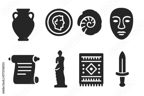 Cultural Artifact Icons. Solid style icons of cultural artifacts: pottery vase, ancient coin, fossil, mask, scroll, statue,