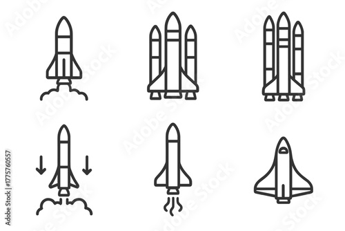 Space Exploration Icons. Line style icons of space exploration: launch vehicle icon, heavy lift rocket, booster stack, reusable