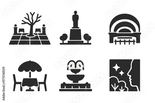 Public Space Icons. Solid style icons of public spaces: plaza, monument, park gate, amphitheater, street cafe, fountain, garden,