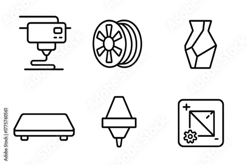 3D Printing Icons. Line style icons of 3D Printing: Printer Extruder, Plastic Filament, Finished Object, Layer Stack, Print Bed,