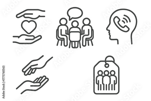 Mental Health Icons. Line style icons of mental health: support systems, group therapy icon, helpline symbol, helping hand,