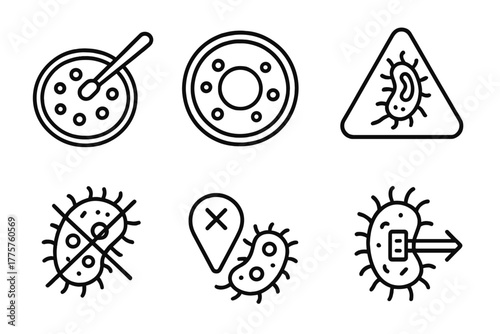 Microbiology Icons. Line style icons of microbiology: antibiotic test, zone of inhibition, antimicrobial resistance icon,
