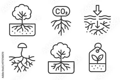 Carbon Capture Icons. Line style icons of carbon capture: forest soil carbon storage, roots with CO2 symbol, underground
