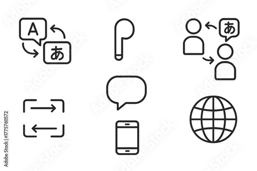 Language Translation Icons. Line style icons of Language Translation: Real-Time Translation, Earbud, Cultural Exchange,
