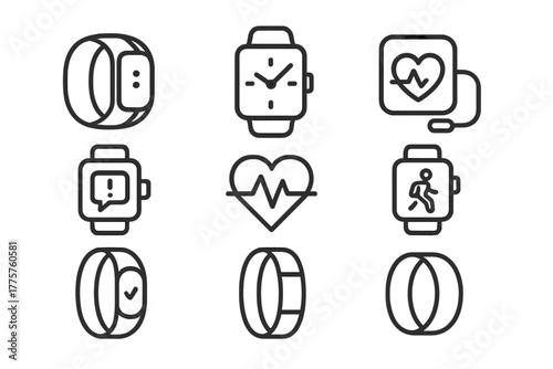 Wearable Tech Icons. Line style icons of Wearable Tech: Wristband, Smartwatch, Health Monitor, Notification, Heart Rate, Step