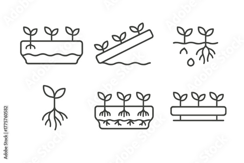 Hydroponics Line Icons. Line style icons of hydroponics: NFT system, nutrient film technique icon, tilted channel with plants,