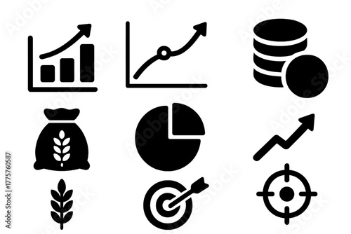 Yield Optimization Icons. Solid style icons of yield optimization: bar chart, graph, stacked coins, grain sack, pie chart, growth