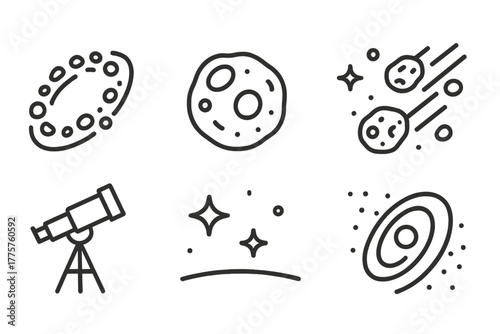 Asteroid Belt Icons. Line style icons of Asteroid Belt: Orbiting Rocks, Crater Detail, Space Background, Asteroid Stream,