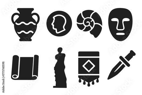 Cultural Artifact Icons. Solid style icons of cultural artifacts: pottery vase, ancient coin, fossil, mask, scroll, statue,