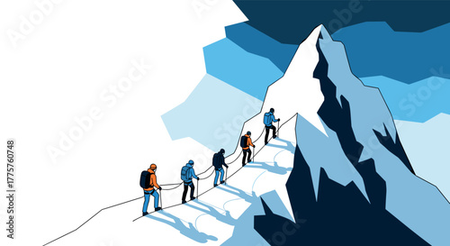 Teamwork in adventure climbers conquering mountain peaks in modern flat art style