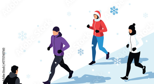 Winter jogging scene with people running in snowy landscape