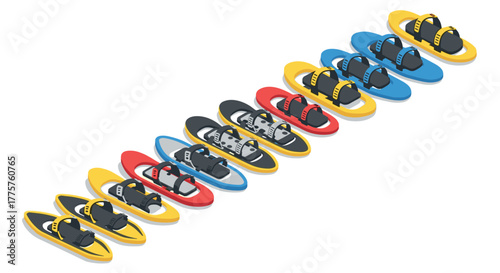 Colorful isometric snowshoes arrangement in multiple perspectives
