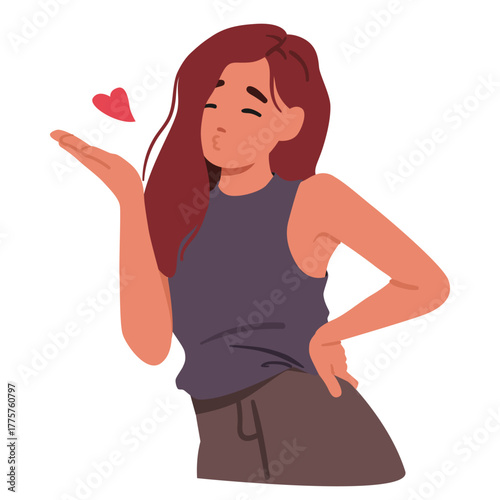 Charming young woman cartoon character sending air kiss flirting sharing romantic gesture portrait