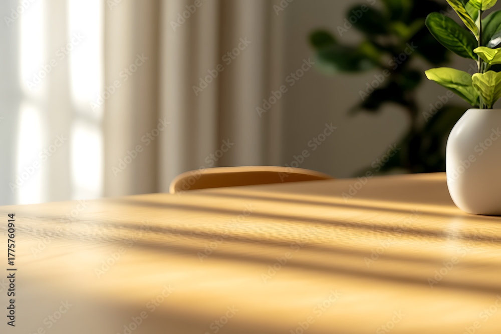 Fototapeta premium Golden sunlight streaks across a wooden table, partially illuminating a simple white vase with a vibrant green plant. A serene, minimalistic composition with natural light.