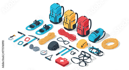 Colorful hiking and climbing equipment set in isometric style