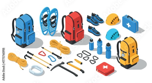 Isometric camping gear with backpacks, helmets, and climbing equipment on white background