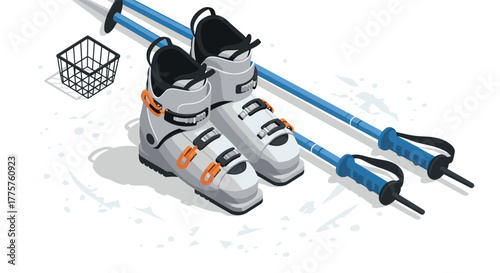 Isometric winter ski gear with boots and poles on snow background