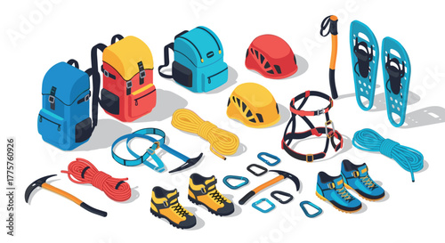 Isometric mountaineering gear collection backpacks, helmets, ropes, and more for adventure enthusiasts