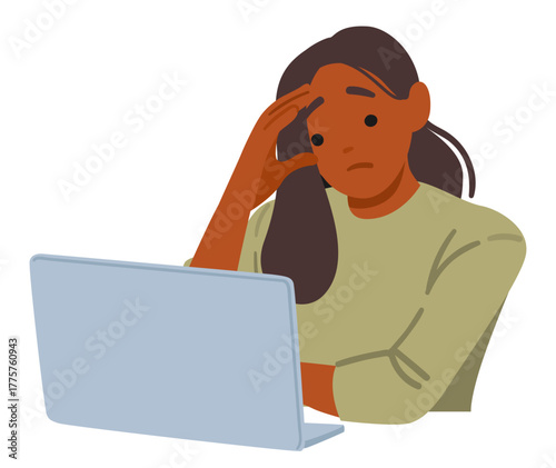 Shocked woman cartoon character reading bad news on laptop feeling negative emotional impact