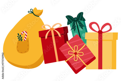 Gift bags and wrapped Christmas presents with bows, pine branch, festive ribbons. Seasonal color palette