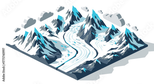 Isometric snowy mountain landscape with clouds and glacial river scene
