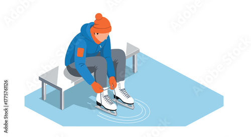 Isometric winter scene person tying ice skates on bench in cold weather