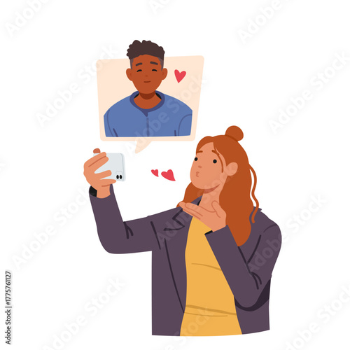 Young guy and girl sharing love and kisses while communicating via internet during online dating