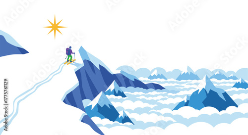 Majestic mountain trekking scene with adventurers on snowy summit