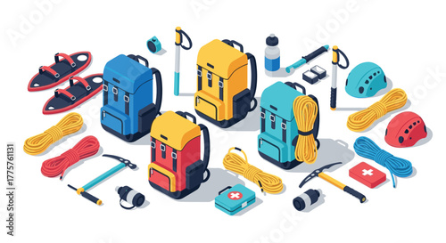 Isometric outdoors adventure gear with backpacks, safety tools, and climbing equipment