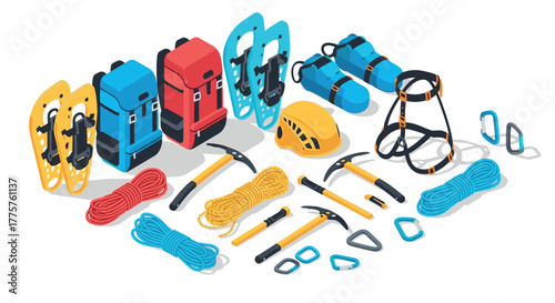 Isometric winter hiking gear collection with snowshoes and climbing equipment