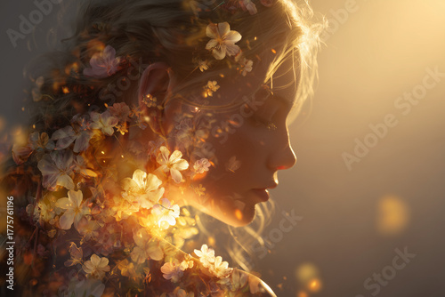 woman head made up of golden glowing lights