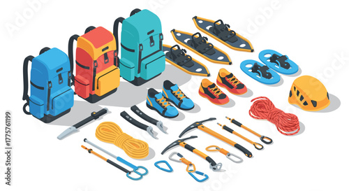 Outdoor adventure gear with backpacks, climbing equipment, and snowshoes in isometric style