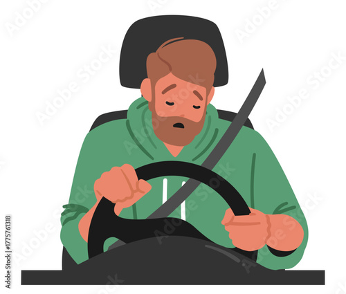 Tired car driver character feeling exhaustion sleeping by steering wheel isolated on white