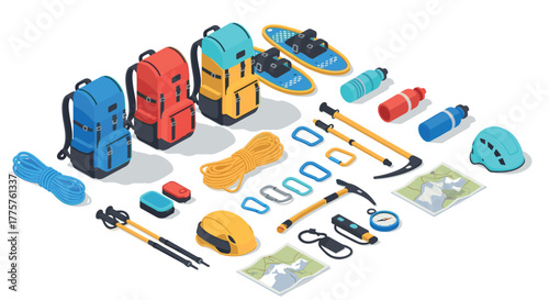 Isometric hiking gear set with equipment and adventure accessories