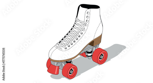 Retro roller skate with red wheels in modern isometric design for trendy sports concept